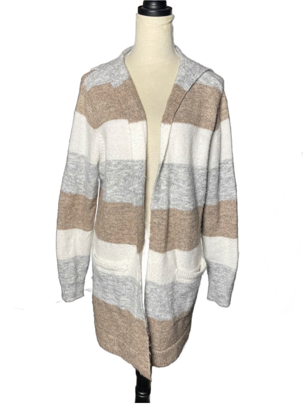 Peyton Primrose Striped Open-Front Cardigan Sweater - Cream, Gray & Brown - XL